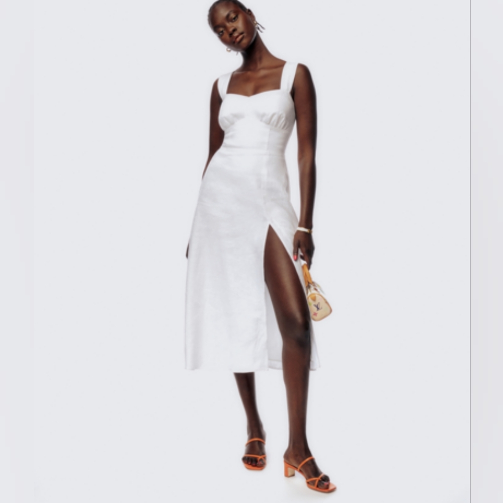 Reformation Seaside Linen Midi Side Slit Smocked Dress- White - Size 8